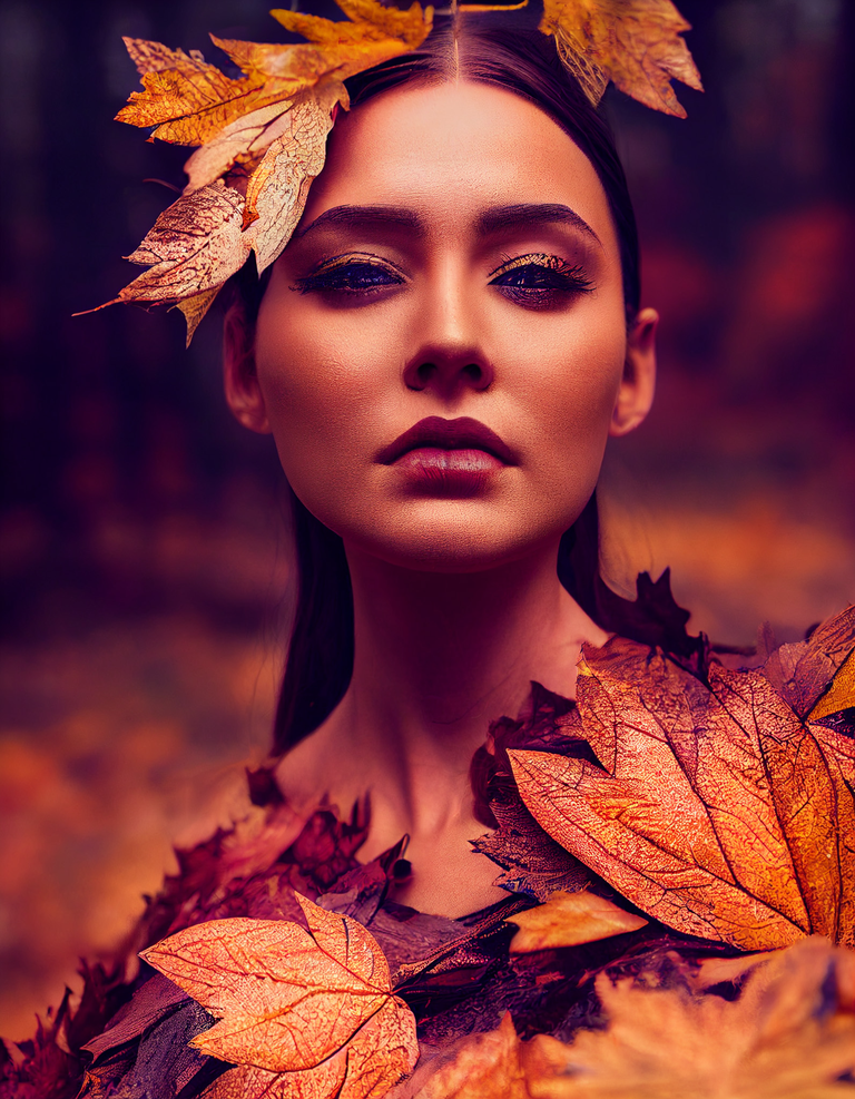 Portret pięknej kobiety stworzony przez sztuczną inteligencję, inspirowany fotografią, z jesiennymi, kolorowymi liśćmi