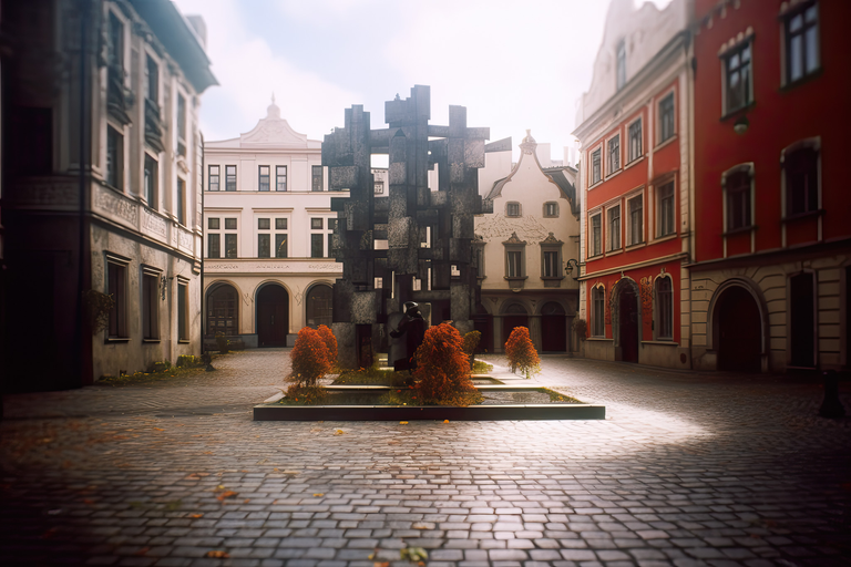 Mistyczny widok krakowskiej architektury w miękkim świetle, gdzie fotografia otworkowa łączy się z cyfrową interpretacją AI
