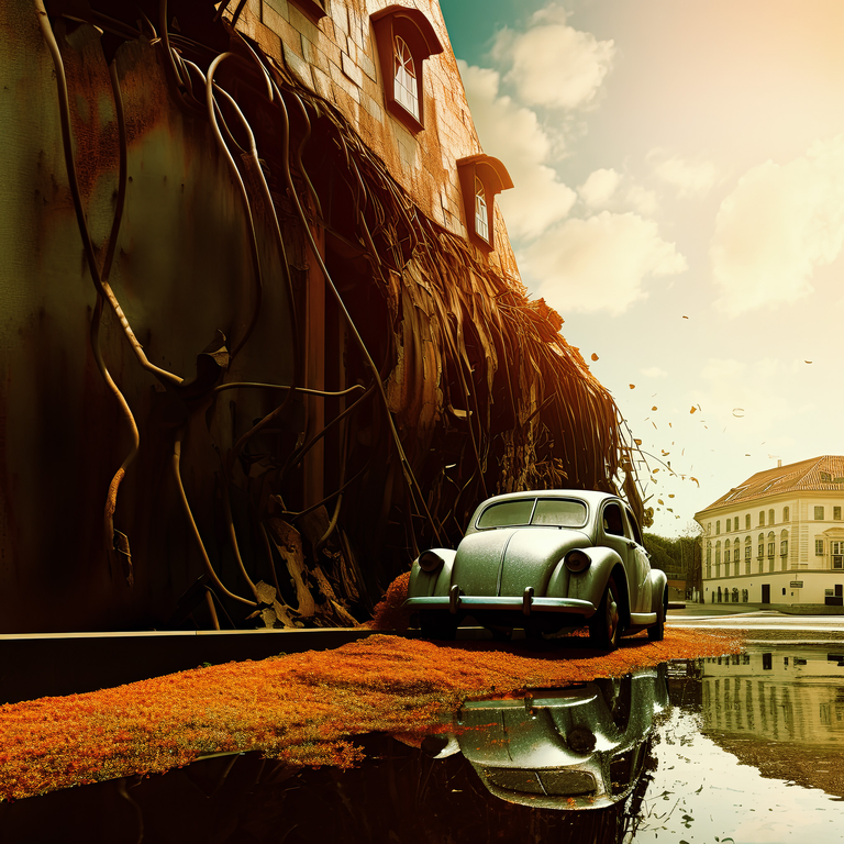 Mistyczna grafika przedstawiająca krajobraz, który powstał poprzez połączenie fotografii i interpretacji dokonanej przez AI