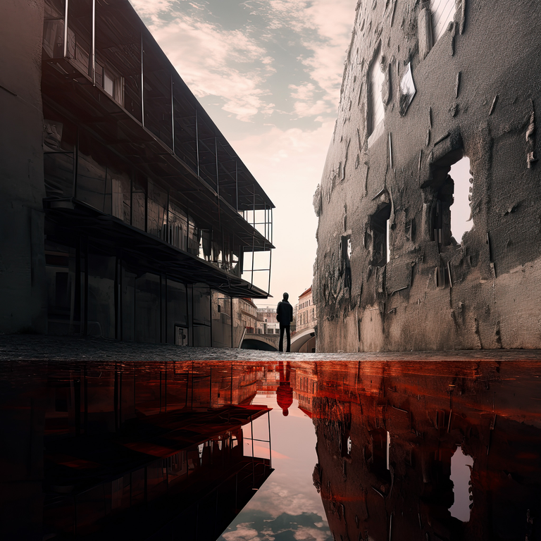 Mistyczna grafika przedstawiająca krajobraz, który powstał poprzez połączenie fotografii i interpretacji dokonanej przez AI