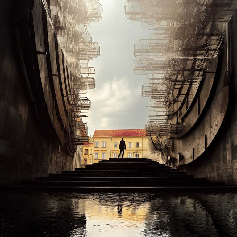 Mistyczna grafika przedstawiająca krajobraz, który powstał poprzez połączenie fotografii i interpretacji dokonanej przez AI