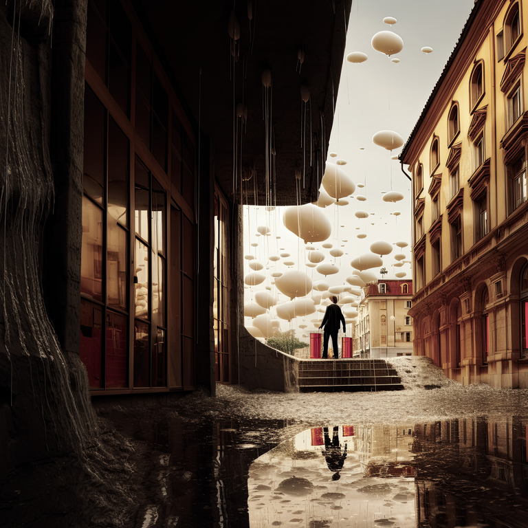 Mistyczna grafika przedstawiająca krajobraz, który powstał poprzez połączenie fotografii i interpretacji dokonanej przez AI