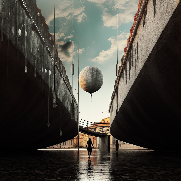 Mistyczna grafika przedstawiająca krajobraz, który powstał poprzez połączenie fotografii i interpretacji dokonanej przez AI