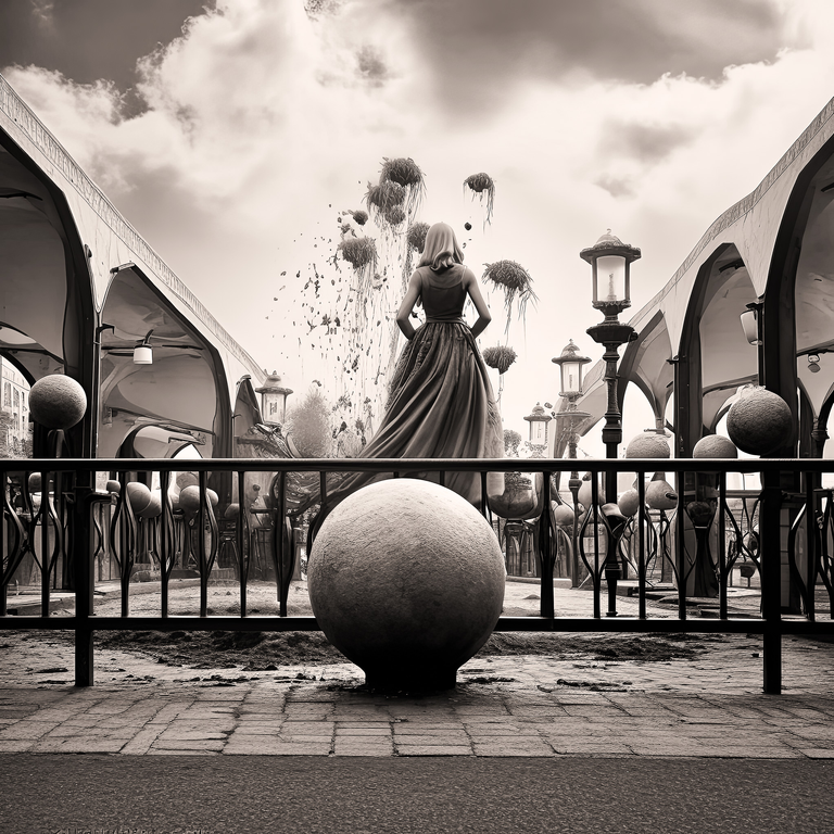 Mistyczna grafika przedstawiająca krajobraz, który powstał poprzez połączenie fotografii i interpretacji dokonanej przez AI