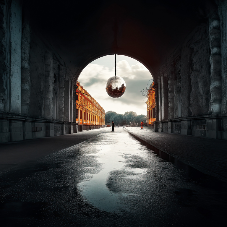 Mistyczna grafika przedstawiająca krajobraz, który powstał poprzez połączenie fotografii i interpretacji dokonanej przez AI