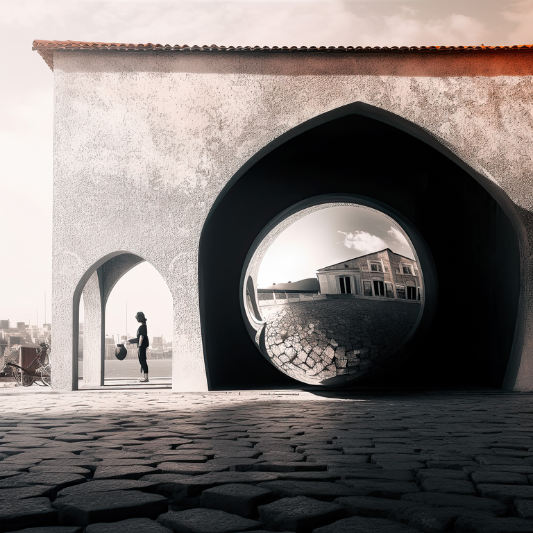 Mistyczna grafika przedstawiająca krajobraz, który powstał poprzez połączenie fotografii i interpretacji dokonanej przez AI