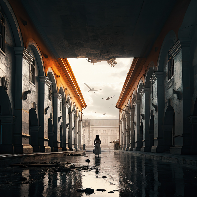 Mistyczna grafika przedstawiająca krajobraz, który powstał poprzez połączenie fotografii i interpretacji dokonanej przez AI