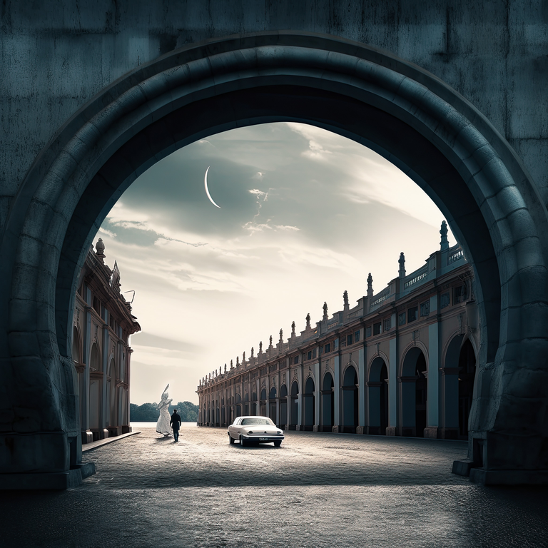 Mistyczna grafika przedstawiająca krajobraz, który powstał poprzez połączenie fotografii i interpretacji dokonanej przez AI