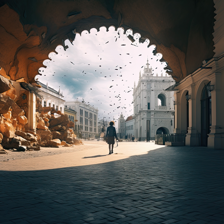 Mistyczna grafika przedstawiająca krajobraz, który powstał poprzez połączenie fotografii i interpretacji dokonanej przez AI