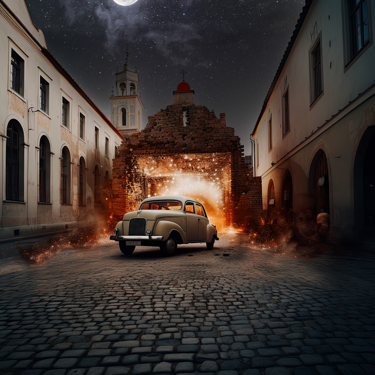 Mistyczna grafika przedstawiająca krajobraz, który powstał poprzez połączenie fotografii i interpretacji dokonanej przez AI