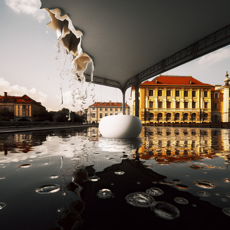 Mistyczna grafika przedstawiająca krajobraz, który powstał poprzez połączenie fotografii i interpretacji dokonanej przez AI