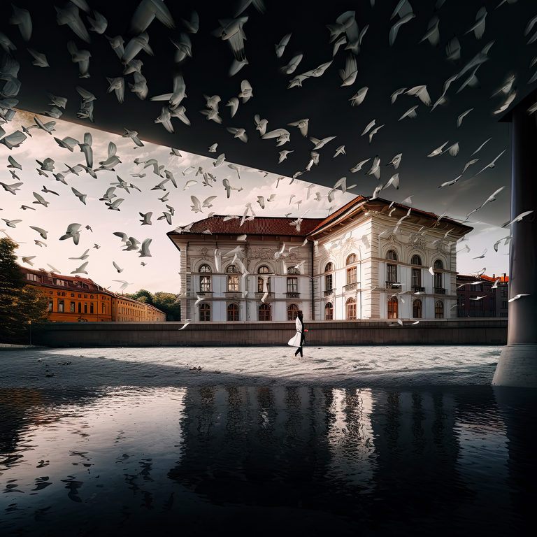 Mistyczna grafika przedstawiająca krajobraz, który powstał poprzez połączenie fotografii i interpretacji dokonanej przez AI