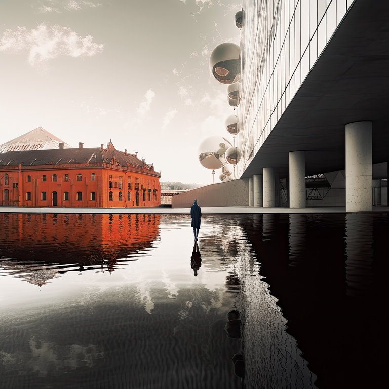 Mistyczna grafika przedstawiająca krajobraz, który powstał poprzez połączenie fotografii i interpretacji dokonanej przez AI