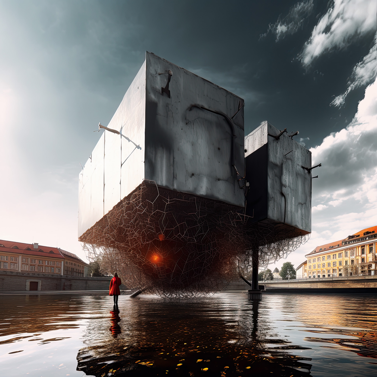 Mistyczna grafika przedstawiająca krajobraz, który powstał poprzez połączenie fotografii i interpretacji dokonanej przez AI