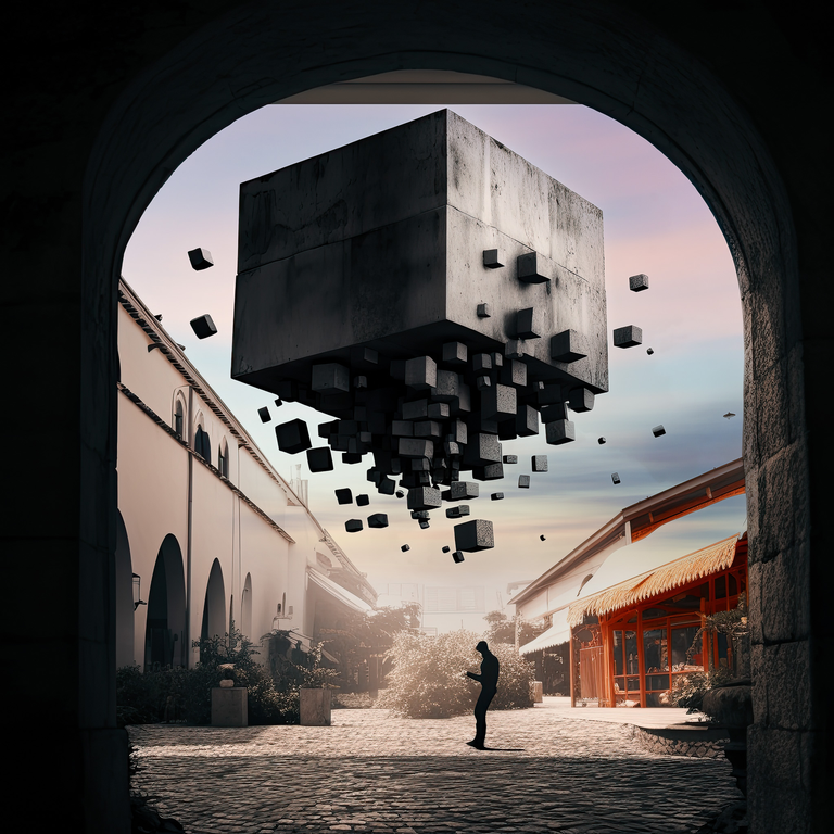 Mistyczna grafika przedstawiająca krajobraz, który powstał poprzez połączenie fotografii i interpretacji dokonanej przez AI