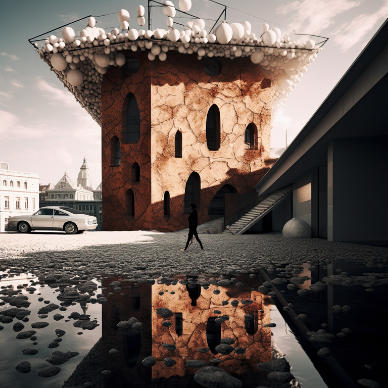 Mistyczna grafika przedstawiająca krajobraz, który powstał poprzez połączenie fotografii i interpretacji dokonanej przez AI