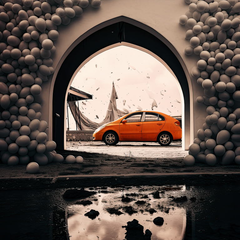 Mistyczna grafika przedstawiająca krajobraz, który powstał poprzez połączenie fotografii i interpretacji dokonanej przez AI