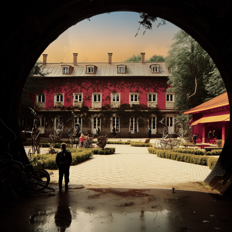 Mistyczna grafika przedstawiająca krajobraz, który powstał poprzez połączenie fotografii i interpretacji dokonanej przez AI