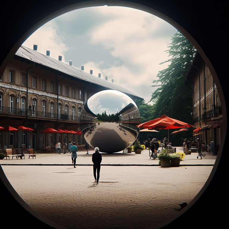 Mistyczna grafika przedstawiająca krajobraz, który powstał poprzez połączenie fotografii i interpretacji dokonanej przez AI