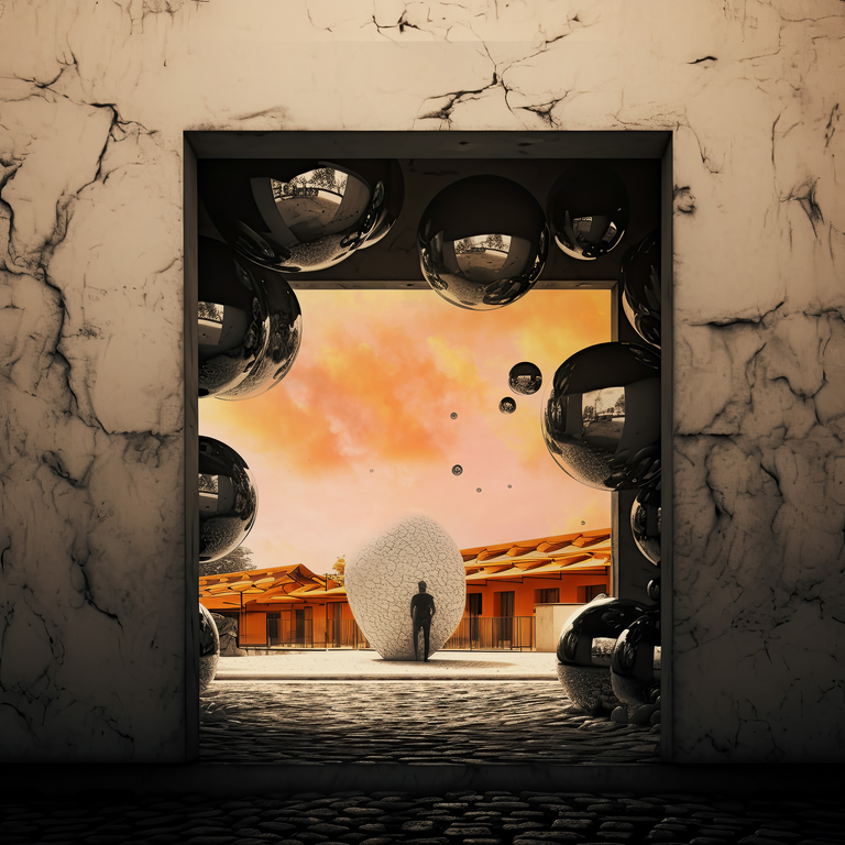 Mistyczna grafika przedstawiająca krajobraz, który powstał poprzez połączenie fotografii i interpretacji dokonanej przez AI