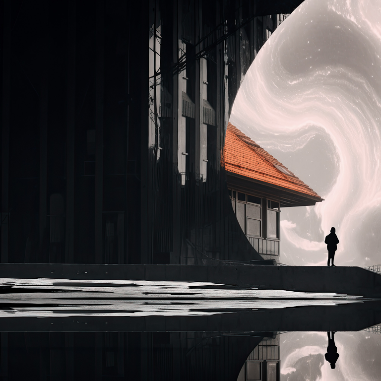 Mistyczna grafika przedstawiająca krajobraz, który powstał poprzez połączenie fotografii i interpretacji dokonanej przez AI