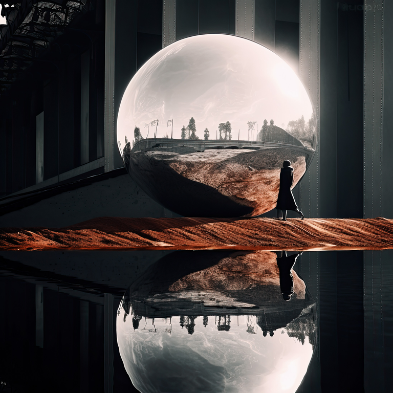 Mistyczna grafika przedstawiająca krajobraz, który powstał poprzez połączenie fotografii i interpretacji dokonanej przez AI